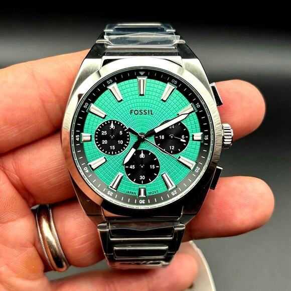Fossil Mens FS6117 Everett Chronograph 44mm Stainless Steel Turquoise Dial NIBWT - Picture 1 of 17
